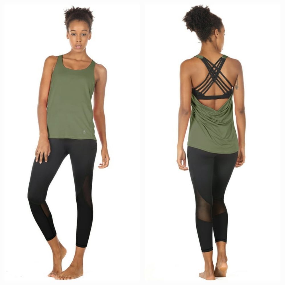 🔸️Olive & Black Open Strappy Crisscross Back Sleeveless Athletic Top Medium